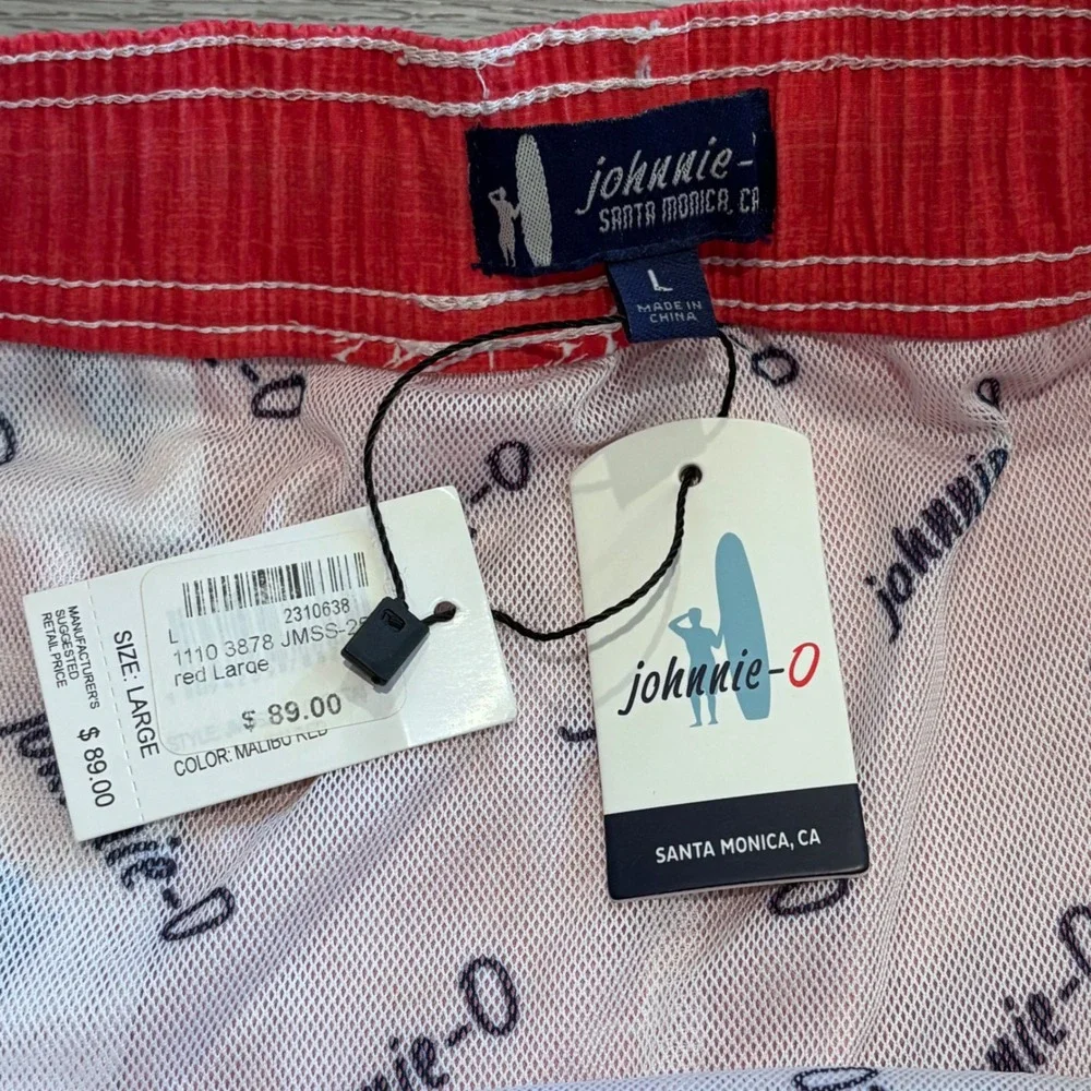Johnnie-O Swim Trunks Mens Large Malibu Red Palm Tree Tropical Board Shorts NEW